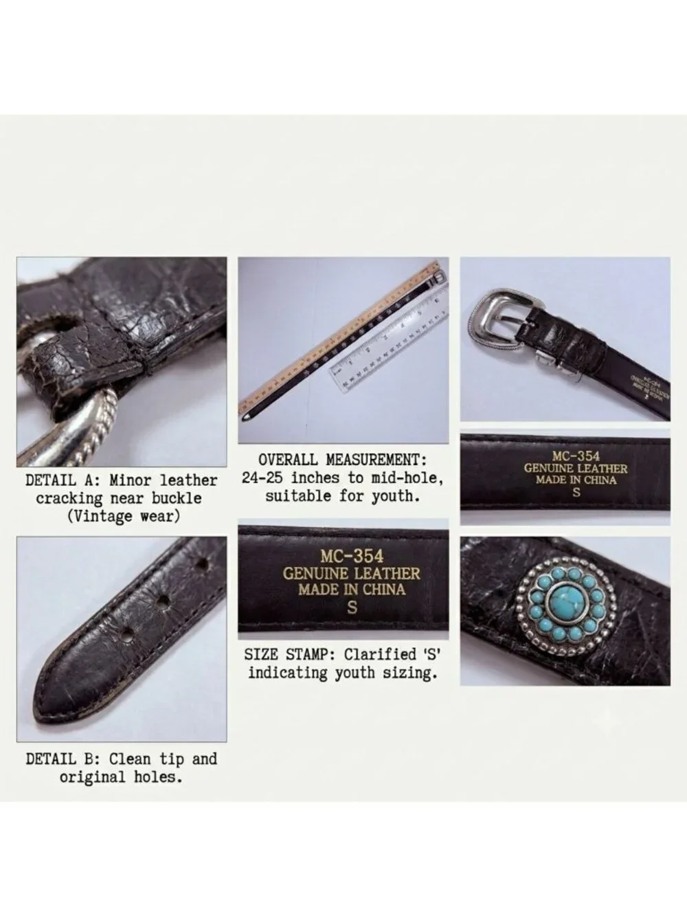 Vintage 80s 90s Western Turquoise Black Leather Kids Belt S / 23